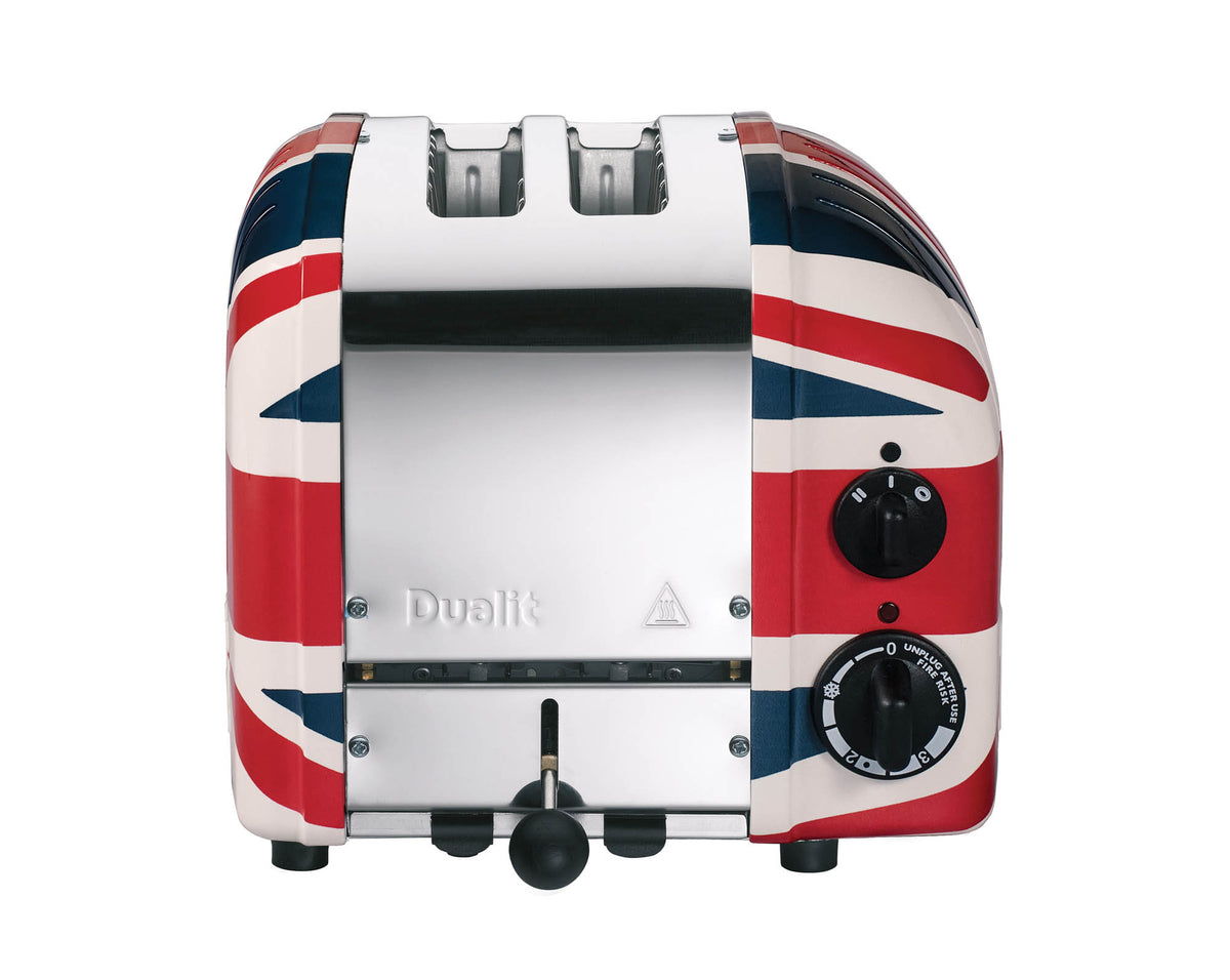 Dualit Newgen Union Jack toaster with two slots, featuring a stylish red, white, and blue design and chrome accents.