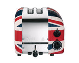 Dualit Newgen Union Jack toaster with two slots, featuring a stylish red, white, and blue design and chrome accents.