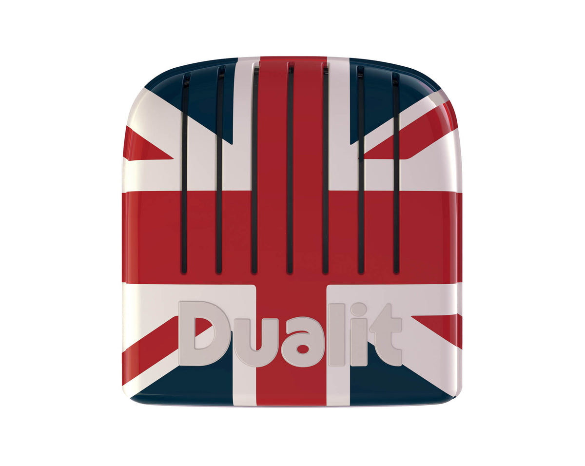 Dualit Newgen Union Jack toaster with two slots, sleek design, and chrome finish for toasting bread and pastries.