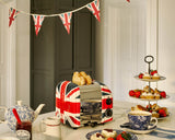 Dualit Newgen Union Jack toaster with two slots, stylish design and metallic finish, ideal for toasting bread slices.