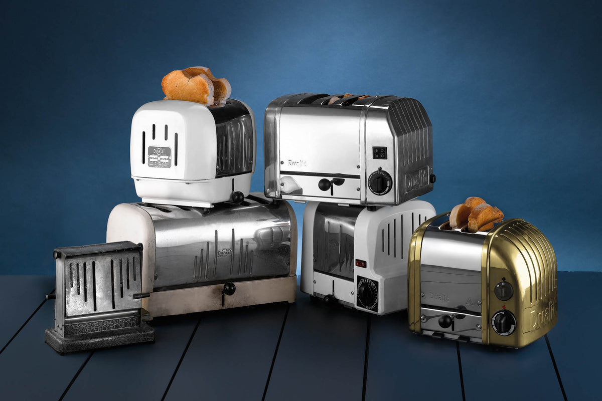 Dualit Newgen 2-slice toaster with stainless steel finish, featuring control knobs and slots for toasting bread.