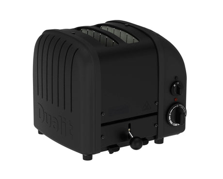 Dualit NewGen polished 2-slice toaster with modern design, featuring sleek finish and visible toasting slots.