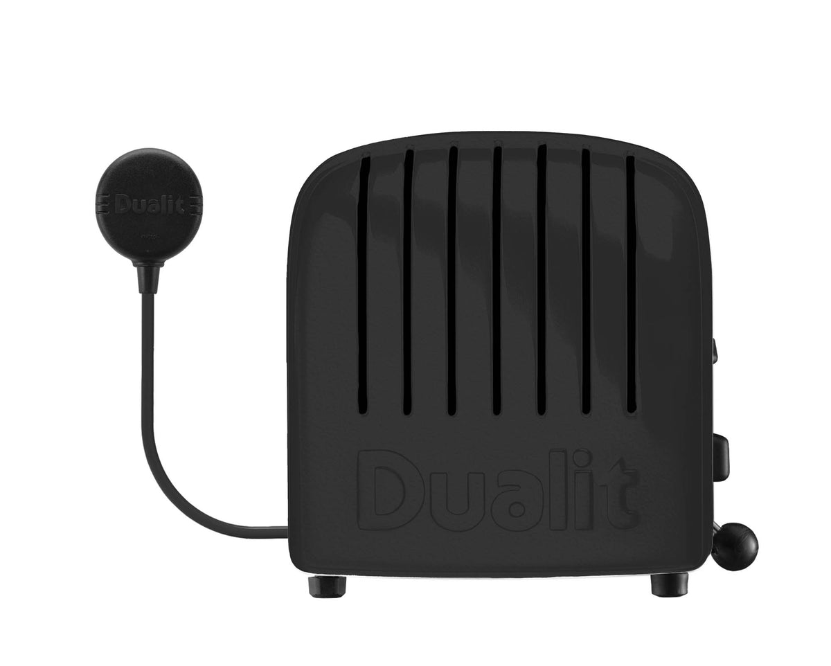 Dualit Newgen black 2-slice toaster with modern design and control buttons, perfect for toasting bread and bagels.