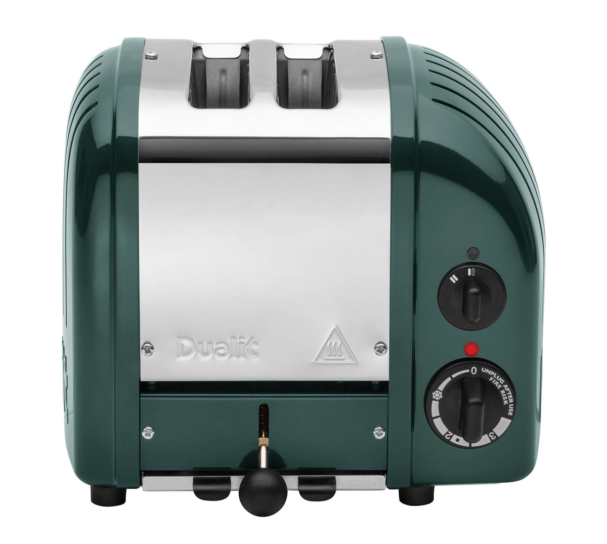 Dualit NewGen 2-slice toaster with evergreen finish, stainless steel exterior and control knobs for browning adjustment.