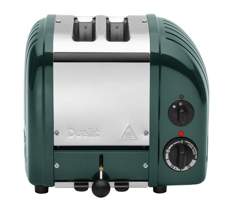 Dualit NewGen 2-slice toaster with evergreen finish, stainless steel exterior and control knobs for browning adjustment.