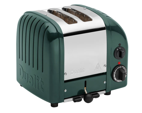 Dualit Newgen 2-slice evergreen toaster with modern design and stainless steel finish, featuring browning control and wide slots.