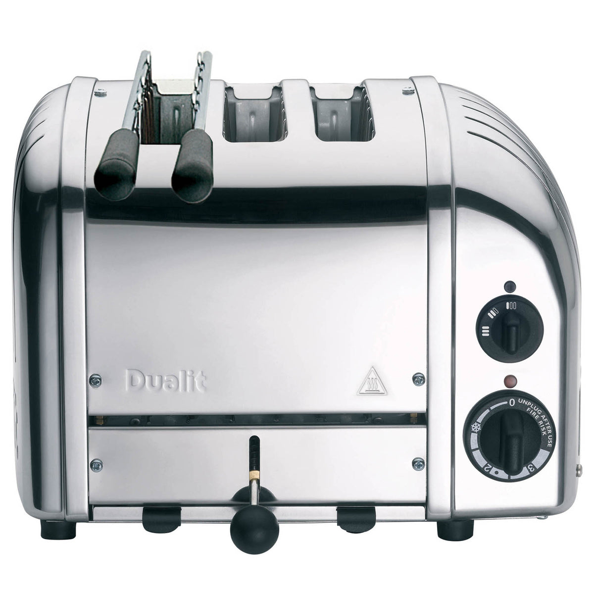 Dualit 2-in-1 polished toaster with two slots for toasting bread and bagels, compact and stylish kitchen appliance.