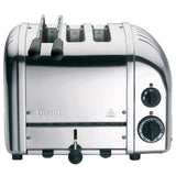 Dualit 2-in-1 polished toaster with two slots for toasting bread and bagels, compact and stylish kitchen appliance.
