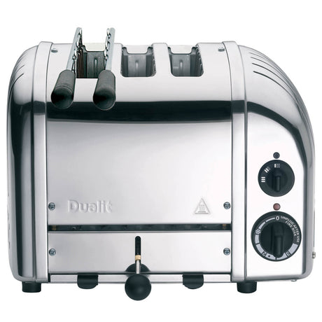 Dualit 2-in-1 polished toaster with two slots for toasting bread and bagels, compact and stylish kitchen appliance.