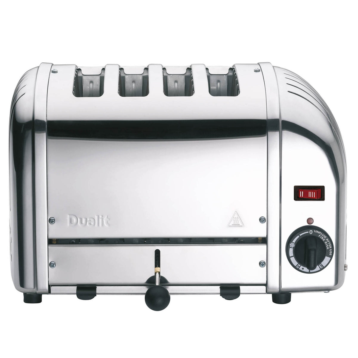 Polished DUALIT Vario toaster with four slots for toasting bread slices, sleek design, and modern kitchen appliance.