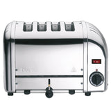 Dualit Classic stainless steel 4-slice toaster with modern design and control dials, ideal for toasting bread and bagels.
