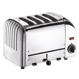 Dualit Classic stainless steel 4-slice toaster with modern design and control knobs, perfect for quick and even toasting.