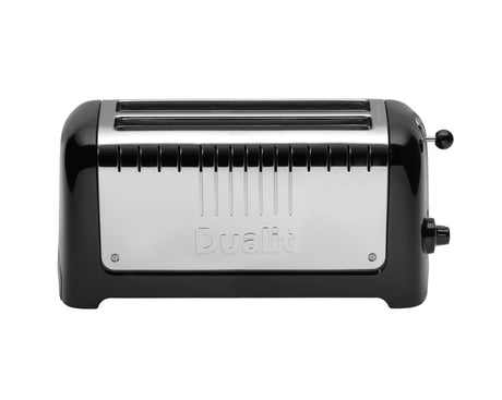 Dualit Lite black 4-slice toaster with sleek design and control levers, perfect for toasting bread and bagels.