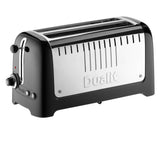Dualit Lite black 4-slice toaster with modern design, featuring adjustable browning control and wide slots for various bread types.
