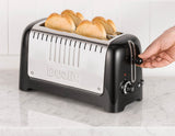 Dualit Lite black 4-slice toaster with modern design and textured finish, featuring control knobs and slots for toasted bread.