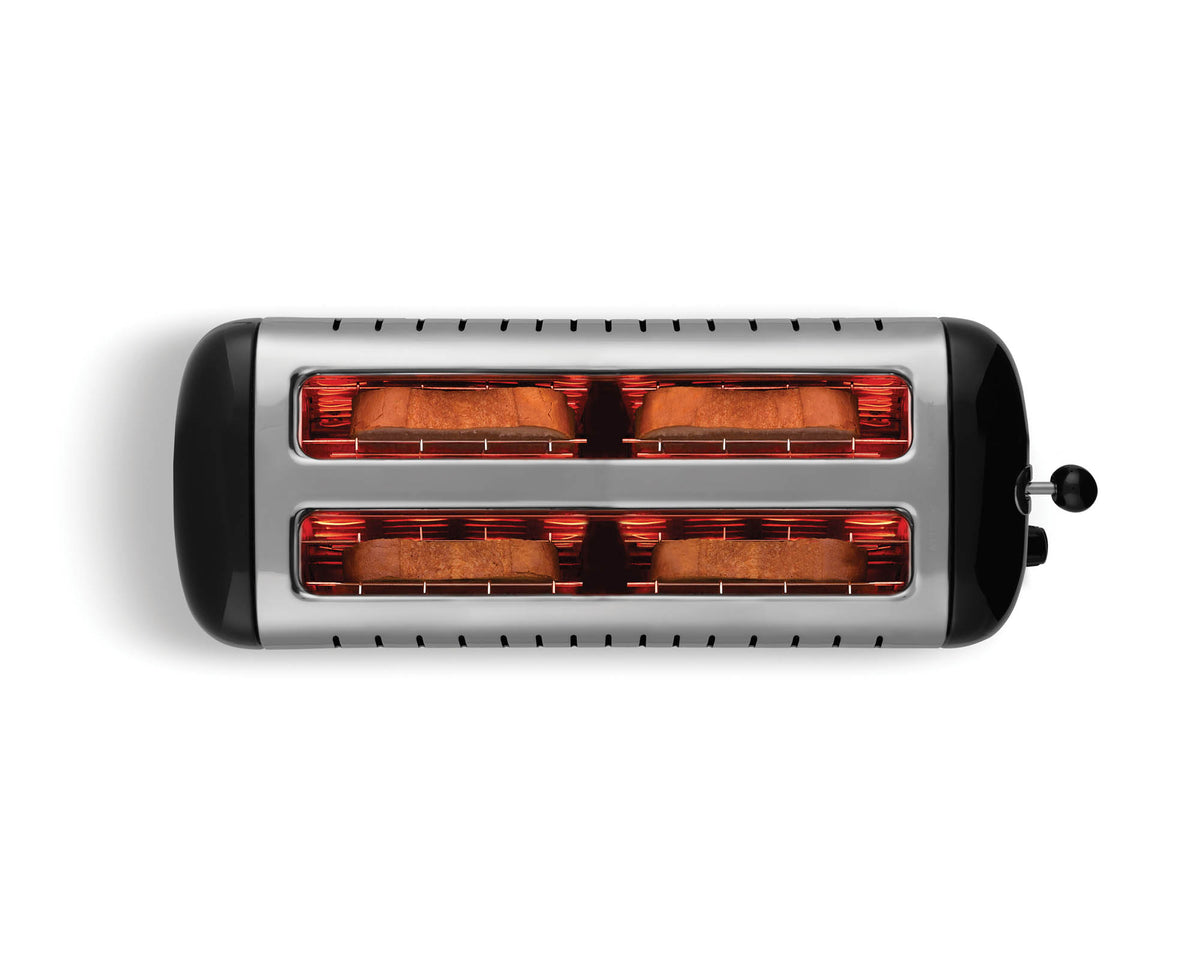 Dualit Lite black 4-slice toaster with modern design and control buttons, perfect for toasting bread and bagels.