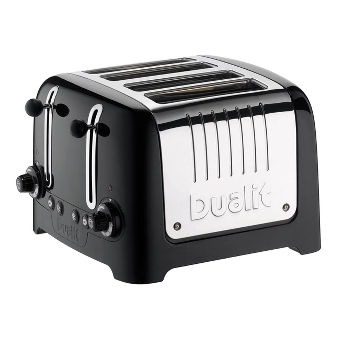 Dualit 2+1 Combi Toaster in black with two slots, featuring a sleek design and stainless steel finish.