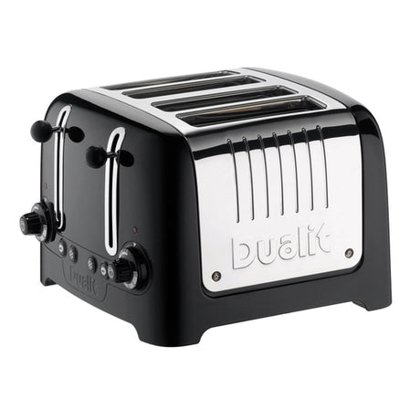 Dualit 2+1 Combi Toaster in black with two slots, featuring a sleek design and stainless steel finish.