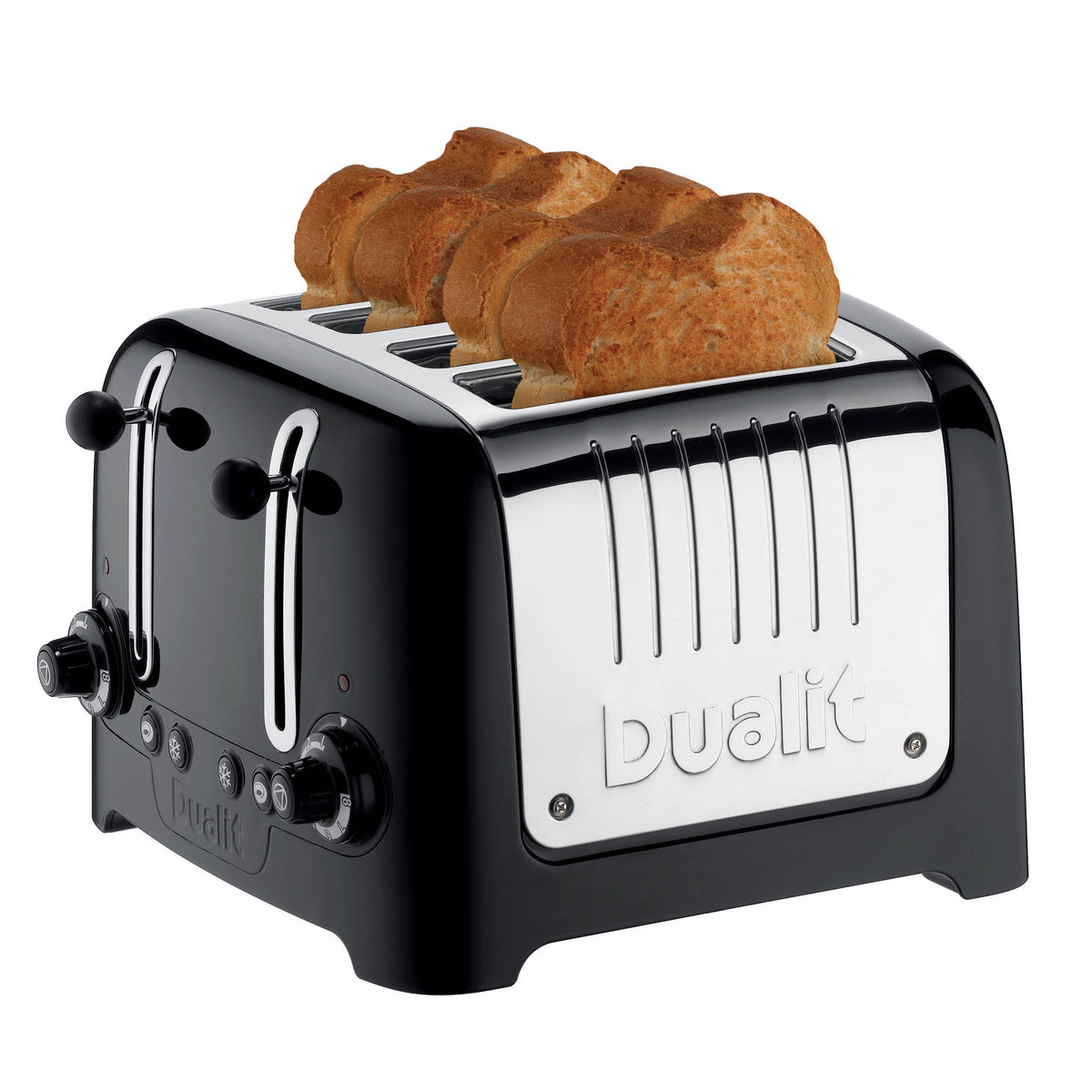 Dualit 2+1 Combi Toaster in black with two toasting slots and a compact design, featuring stainless steel accents.