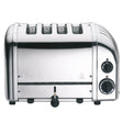 Dualit NewGen polished 4-slice toaster with modern design and control levers, showcasing its sleek appearance.