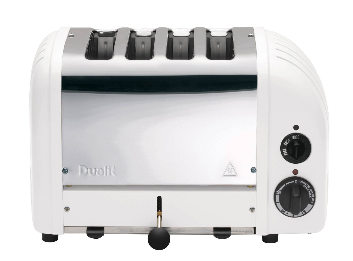Dualit Newgen white 4-slice toaster with modern design and control buttons, shown toasting bread slices.