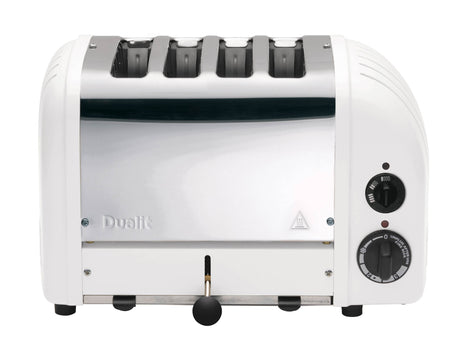 Dualit Newgen white 4-slice toaster with modern design and control buttons, shown toasting bread slices.