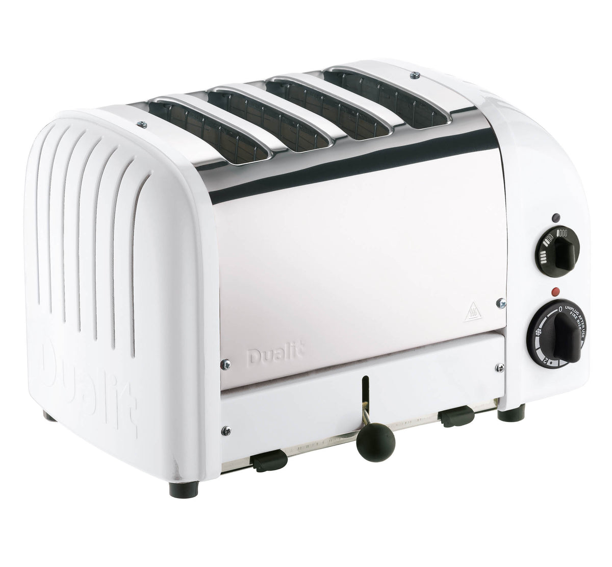 Dualit NewGen white 4-slice toaster with modern design, showing four slots and control knobs.