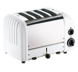 Dualit NewGen white 4-slice toaster with modern design, showing four slots and control knobs.