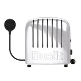 Dualit Newgen white 4-slice toaster with modern design and control knobs, perfect for toasting bread and bagels.