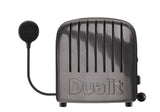 Dualit Newgen gray metallic 4-slice toaster with sleek design and modern finish, shown with bread slots open.
