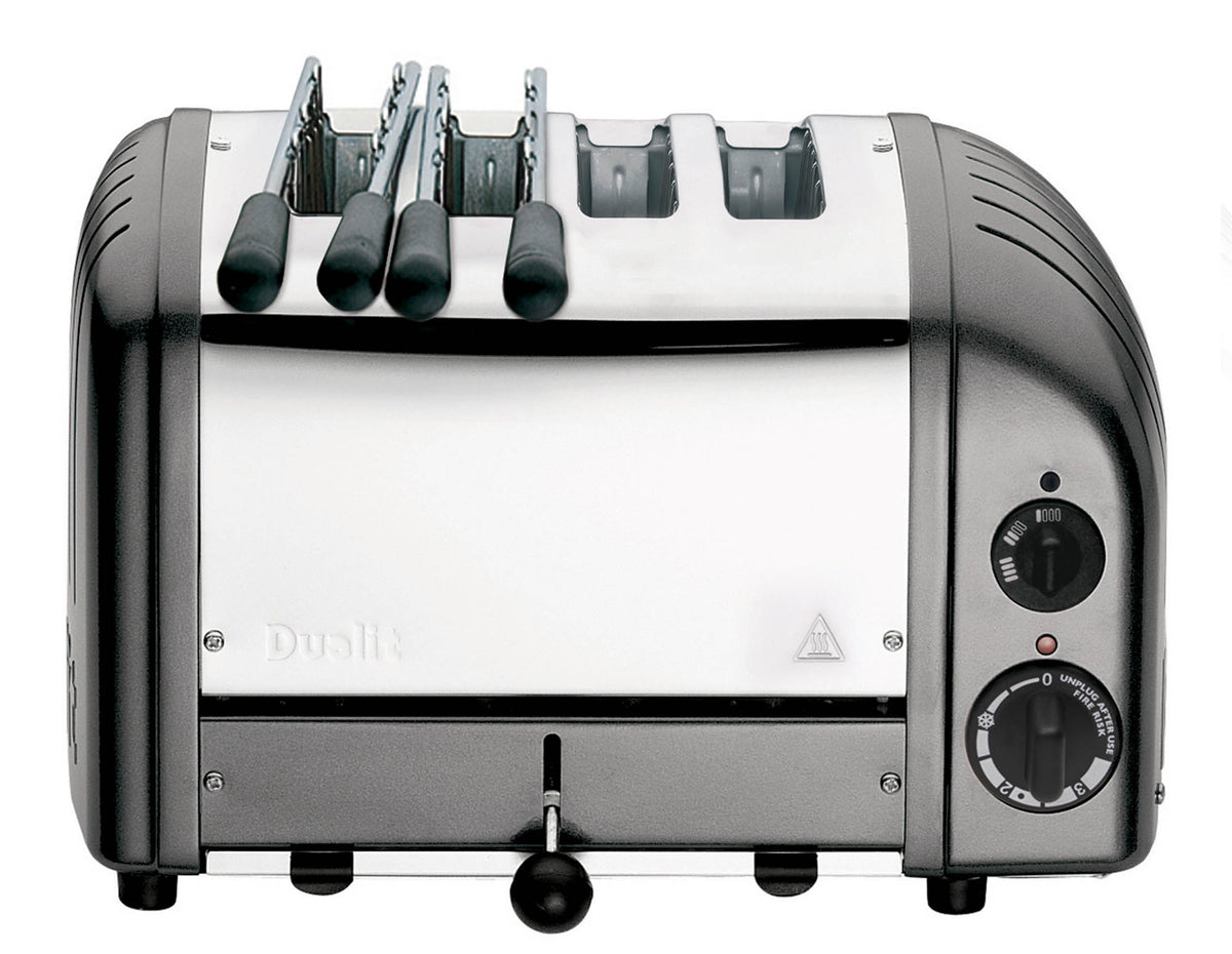 Dualit NewGen gray metallic 4-slice toaster with modern design and control levers, perfect for toasting bread and bagels.