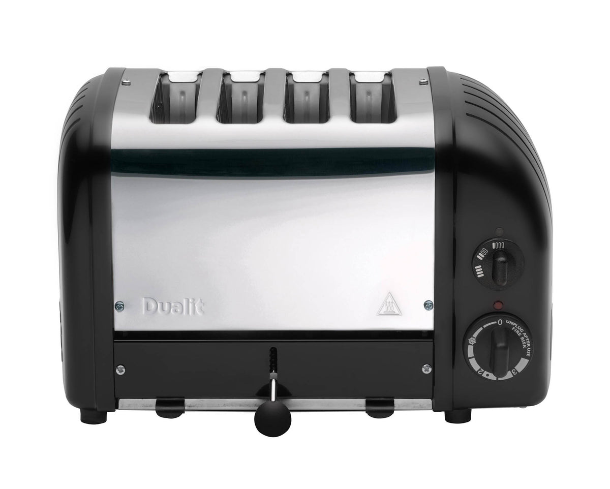 Dualit Newgen black 4-slice toaster with modern design and control panel, shown with toasted bread slots.