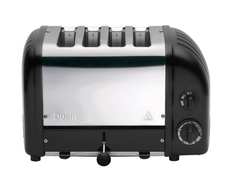 Dualit Newgen black 4-slice toaster with modern design and control panel, shown with toasted bread slots.