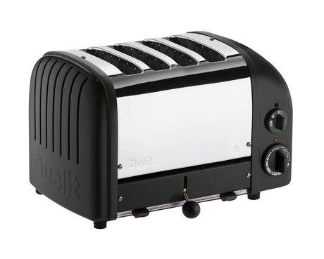 Dualit Newgen black 4-slice toaster with modern design, featuring control knobs and slots for toasting bread efficiently.