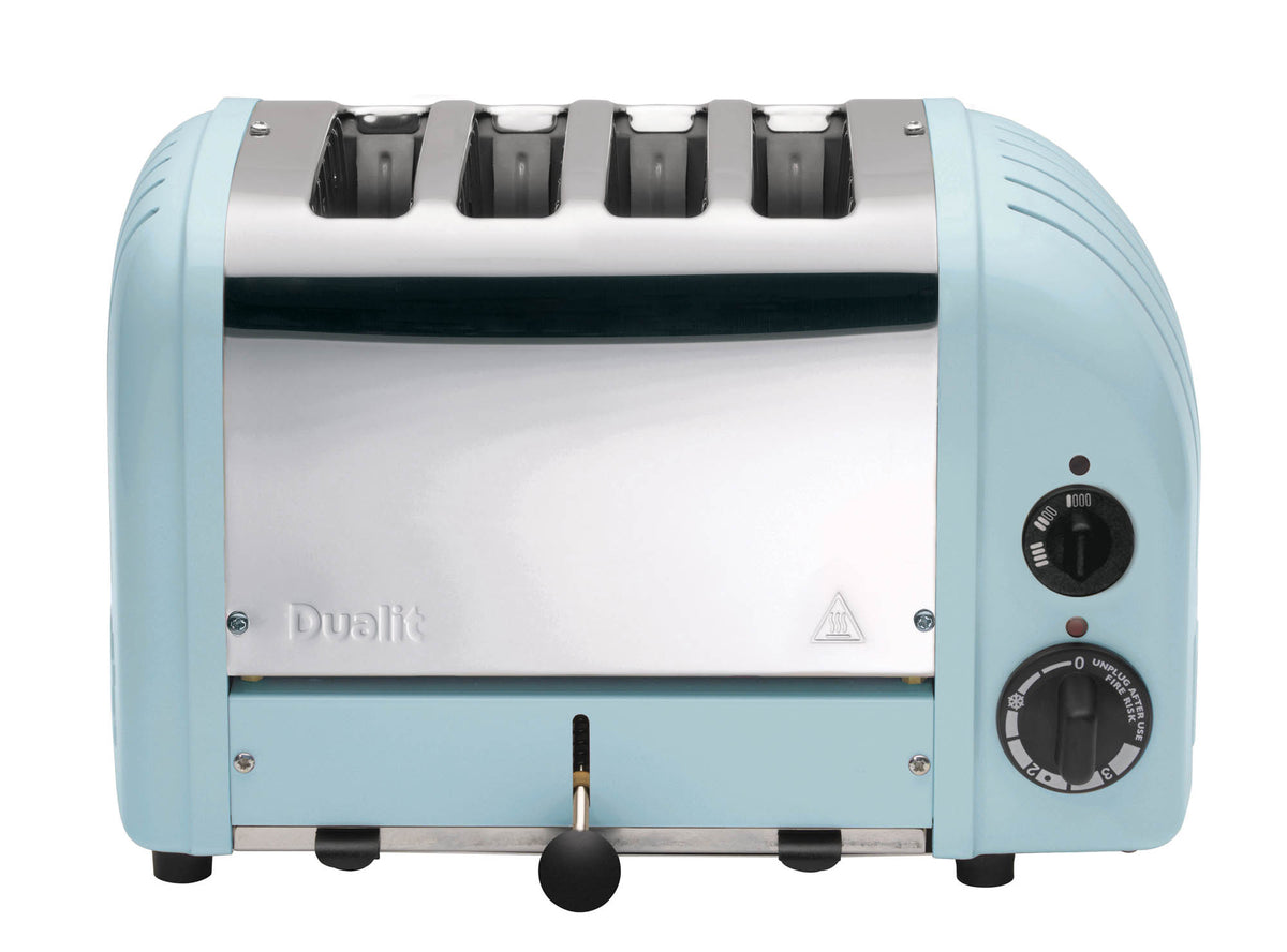 Dualit Newgen blue 4-slice toaster with modern design and metal finish, showcasing slots and control dials.