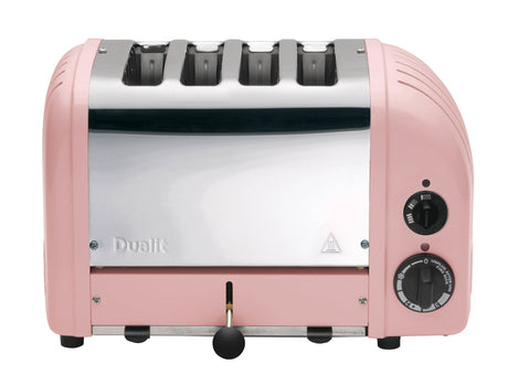Dualit Newgen pink 4-slice toaster with sleek design and control dials, perfect for quick and even toasting.