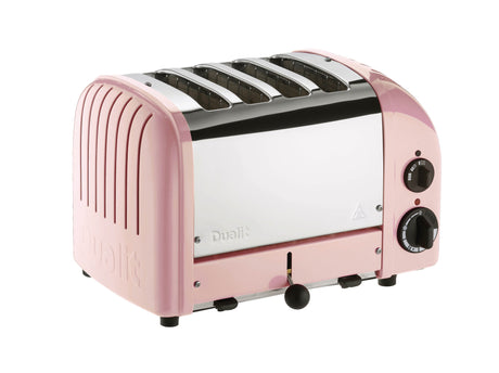 Dualit NewGen pink 4-slice toaster with modern design and control knobs, perfect for toasting bread and bagels.