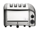 Dualit NewGen silver metallic 4-slice toaster with modern design, showing the front and control panel.