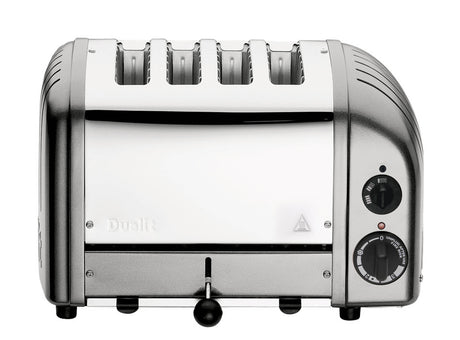 Dualit NewGen silver metallic 4-slice toaster with modern design, showing the front and control panel.