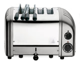 Dualit Newgen silver metallic 4-slice toaster with modern design and control dials, perfect for toasting bread and bagels.