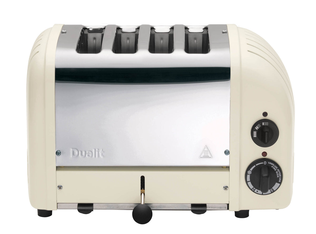 Dualit Newgen cream-white 4-slice toaster with modern design and control dials, suitable for toasting bread and bagels.