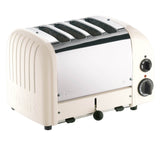Dualit NewGen cream-white 4-slice toaster with modern design, featuring control knobs and slots for toasting bread.