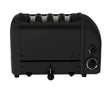 Dualit Newgen black 4-slice toaster with modern design and control knobs, suitable for toasting bread and bagels.