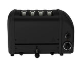 Dualit Newgen black 4-slice toaster with modern design and control knobs, suitable for toasting bread and bagels.