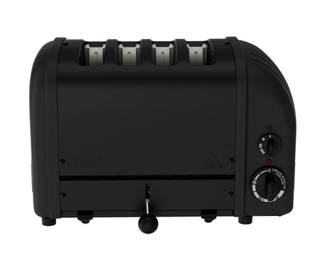 Dualit Newgen black 4-slice toaster with modern design and control knobs, suitable for toasting bread and bagels.