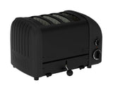 Dualit Newgen black 4-slice toaster with modern design and control buttons, perfect for toasting bread and bagels.