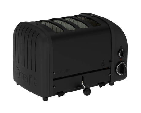 Dualit Newgen black 4-slice toaster with modern design and control buttons, perfect for toasting bread and bagels.
