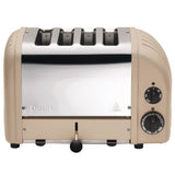 Dualit NewGen polished 4-slice toaster with sleek design and control knobs, ideal for toasting bread and bagels.