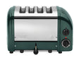 Dualit Newgen 4-slice evergreen toaster with modern design and control knobs, shown in a kitchen setting.