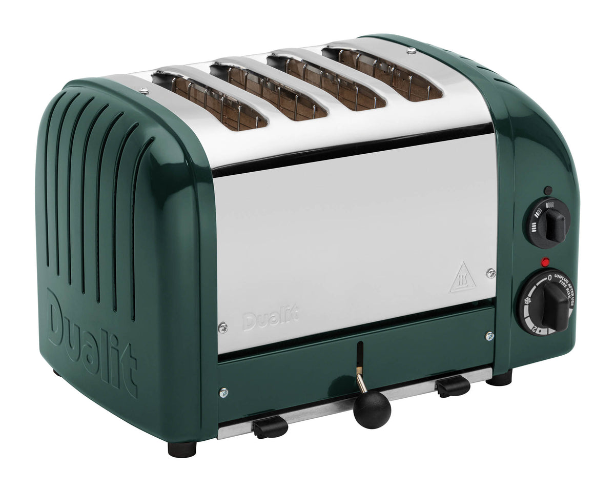 Dualit Newgen 4-slice evergreen toaster with modern design, featuring four slots for toasting bread and bagels.